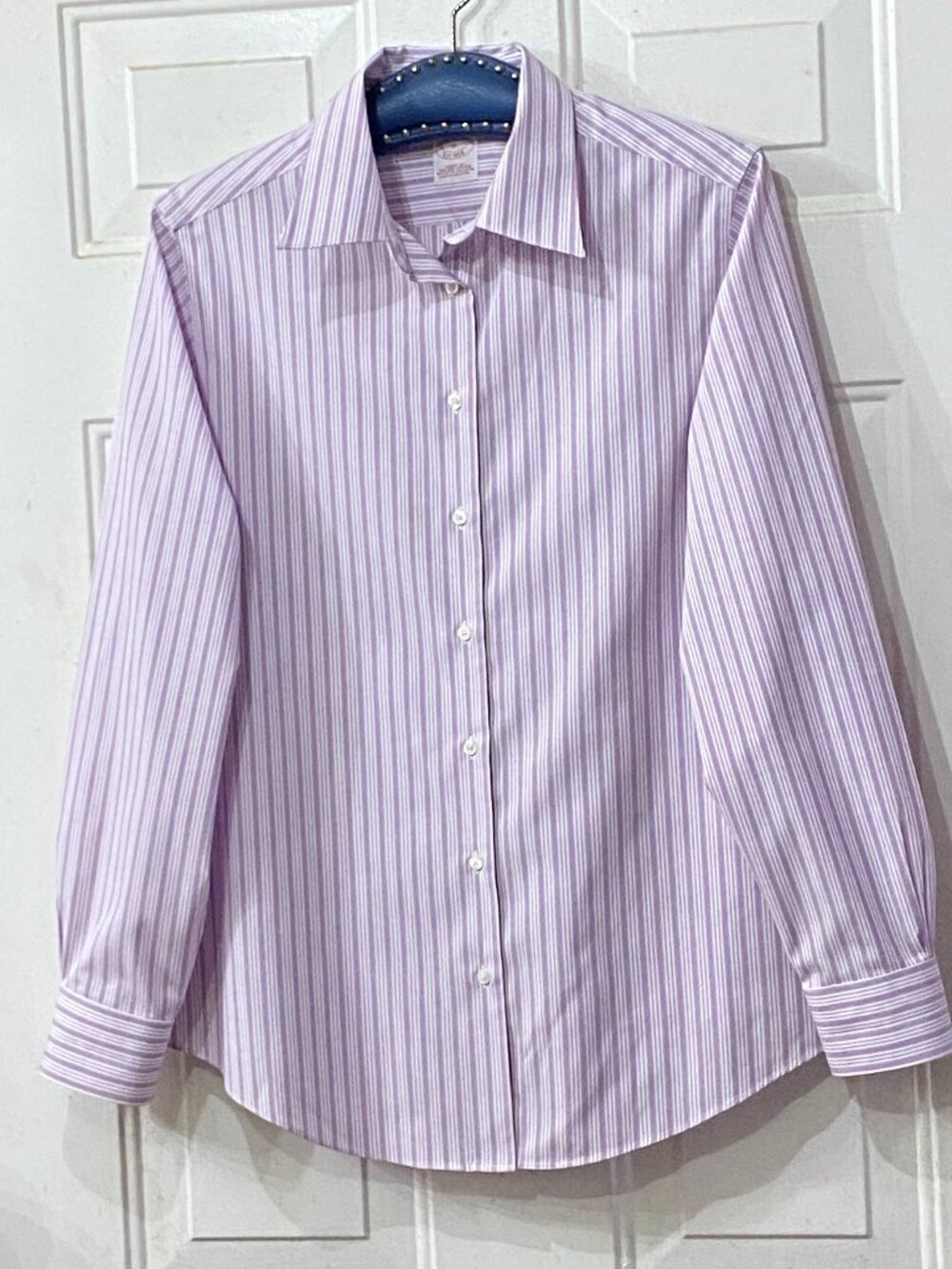 Brooks Brothers No-Iron Sz 16 Blouse Shirt Long Sleeve Lavender/White Striped
